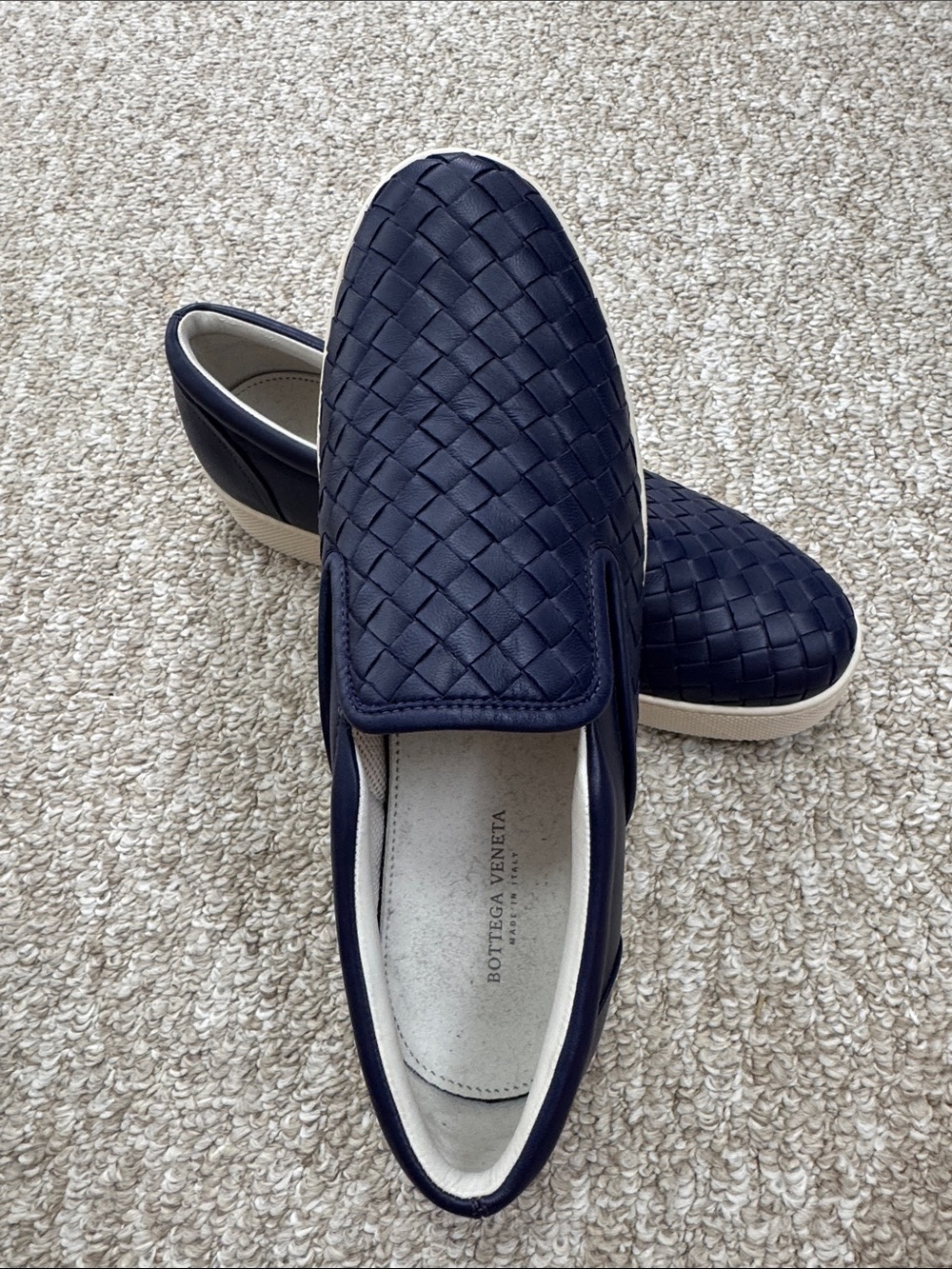 Bottega Veneta Navy Intrecciato Slip-On Sneakers with Cream Sole - Picture 2 of 5